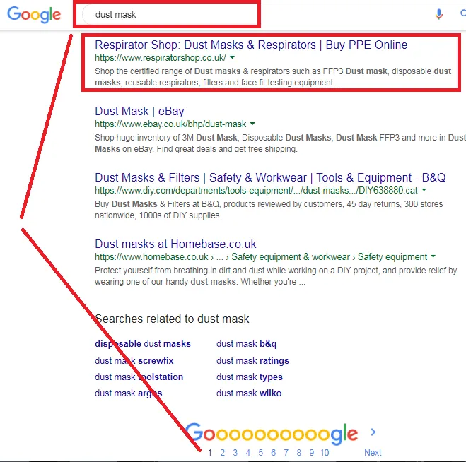 Respirator Shop SERP result